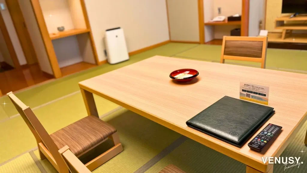 Tatami seating area with a low table in our spacious Yamanoha family room