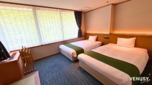 Twin beds beside the window in our gorge-side Annex room at Unazuki Yamanoha
